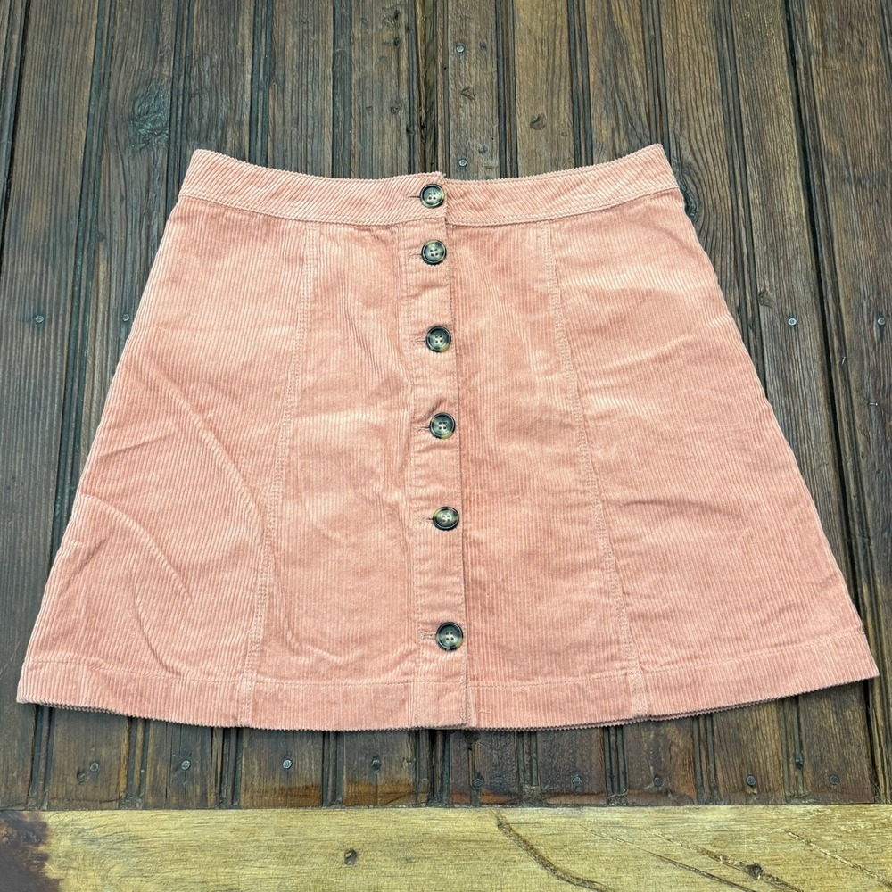H&M Divided Pink Corduroy Button Front Mini Skirt Size 8 A-Line Blush Cotton